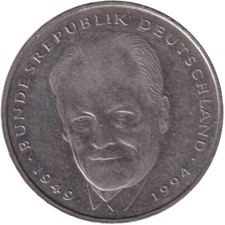 Монета 2 марки. 1994 год (F), ФРГ. Вилли Брандт.