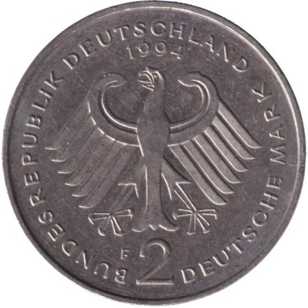 Монета 2 марки. 1994 год (F), ФРГ. Вилли Брандт.
