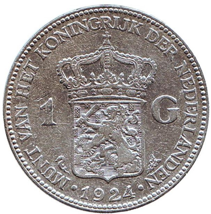 Монета 1 гульден. 1924 год, Нидерланды. Королева Вильгельмина.