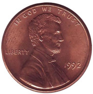 Монета 1 цент. 1992 год (P), США. Линкольн. Монета 1 цент. 1992 год (P), США. Линкольн.