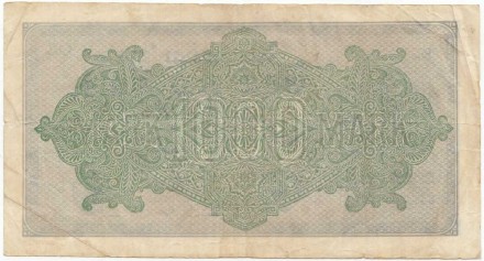 Рейхсбанкнота 1000 марок. 1922 год, Веймарская республика. Белая бумага. Водяной знак - рубящие звёзды. Серийный номер - Две буквы, шесть цифр (зелёные,маленькие), две буквы. Тип 76a.