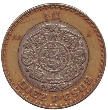 Монета 10 песо. 2006 год, Мексика. Тонатиу. Ацтекский солнечный камень. Орел.