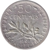 Монета 50 сантимов. 1909 год, Франция. Монета 50 сантимов. 1909 год, Франция.