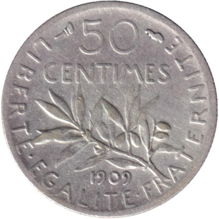 Монета 50 сантимов. 1909 год, Франция.