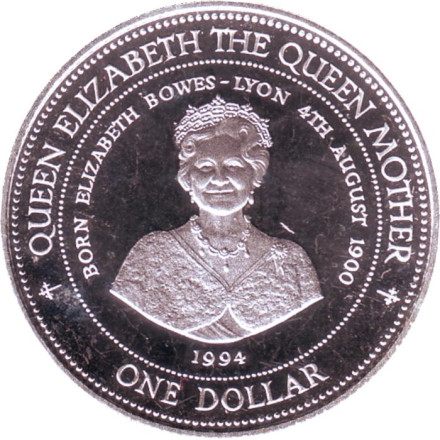 Монета 1 доллар. 1994 год, Барбадос. Королева-мать.
