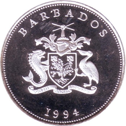 Монета 1 доллар. 1994 год, Барбадос. Королева-мать. Монета 1 доллар. 1994 год, Барбадос. Королева-мать.