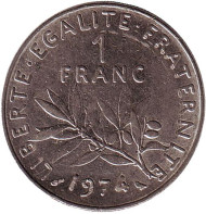 Монета 1 франк. 1974 год, Франция.