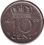Монета 10 центов. 1968 год, Нидерланды. Монета 10 центов. 1968 год, Нидерланды.