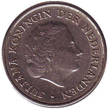 Монета 10 центов. 1968 год, Нидерланды. Монета 10 центов. 1968 год, Нидерланды.