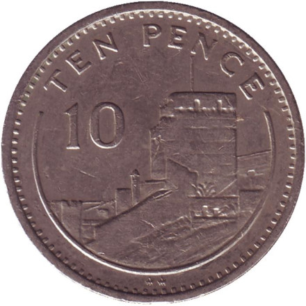 Монета 10 пенсов. 1989 год (AA), Гибралтар. Мавританский замок.