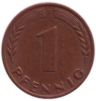 Монета 1 пфенниг. 1971 год (F), ФРГ. Дубовые листья. Монета 1 пфенниг. 1971 год (F), ФРГ. Дубовые листья.