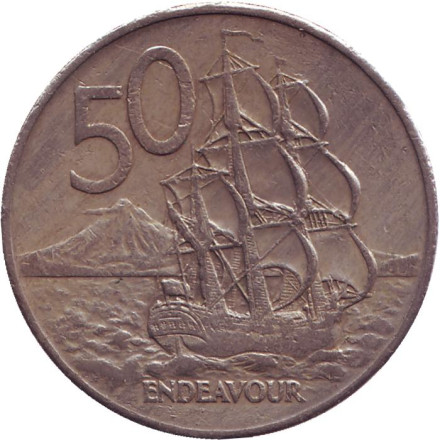Монета 50 центов, 1981 год, Новая Зеландия. Парусник "Endeavour".
