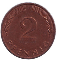 Монета 2 пфеннига. 1978 год (G), ФРГ. Дубовые листья. Монета 2 пфеннига. 1978 год (G), ФРГ. Дубовые листья.