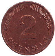 Монета 2 пфеннига. 1996 год (J), ФРГ. Дубовые листья. Монета 2 пфеннига. 1996 год (J), ФРГ. Дубовые листья.