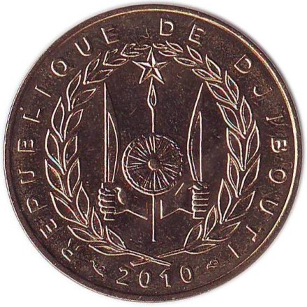 Монета 20 франков. 2010 год, Джибути. Парусник, корабль.