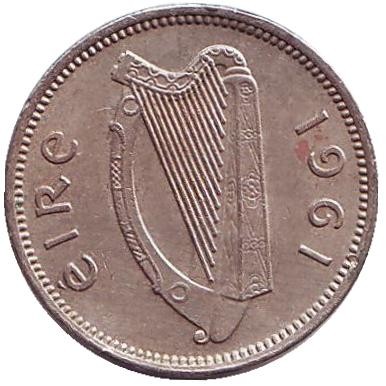 Монета 3 пенса. 1961 год, Ирландия. Заяц. Монета 3 пенса. 1961 год, Ирландия. Заяц.