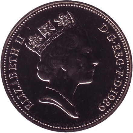 Монета 10 пенсов. 1989 год, Великобритания. Лев.