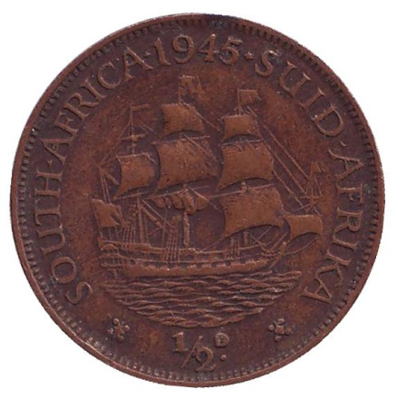 Монета 1/2 пенни, 1945 год, Южная Африка. Корабль "Дромедарис".
