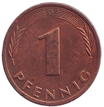 Монета 1 пфенниг. 1979 год (G), ФРГ. Дубовые листья.