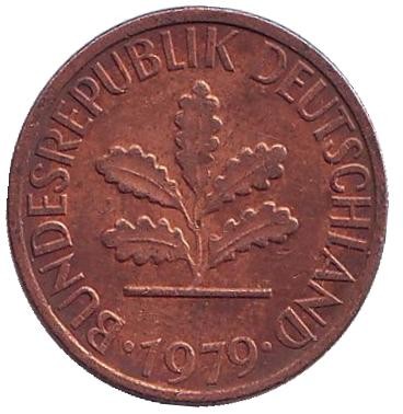 Монета 1 пфенниг. 1979 год (G), ФРГ. Дубовые листья.