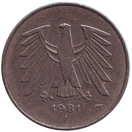 Монета 5 марок. 1981 год (J), ФРГ. Монета 5 марок. 1981 год (J), ФРГ.