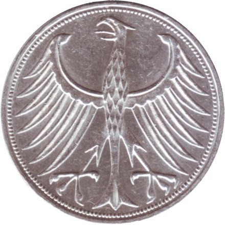 Монета 5 марок. 1972 год (F), ФРГ. Монета 5 марок. 1972 год (F), ФРГ.