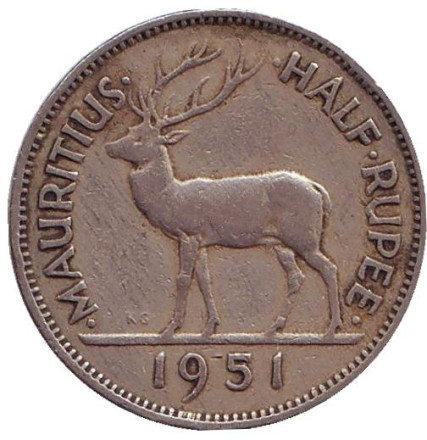 Монета 1/2 рупии. 1951 год, Маврикий. Олень. Сивусагур Рамгулам.