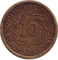Монета 10 рейхспфеннигов. 1925 (А) год, Веймарская республика. Монета 10 рейхспфеннигов. 1925 (А) год, Веймарская республика.