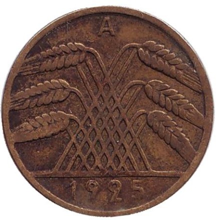 Монета 10 рейхспфеннигов. 1925 (А) год, Веймарская республика. Монета 10 рейхспфеннигов. 1925 (А) год, Веймарская республика.