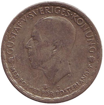 Монета 1 крона. 1942 год, Швеция. (Без надписи на реверсе) Монета 1 крона. 1942 год, Швеция. (Без надписи на реверсе)