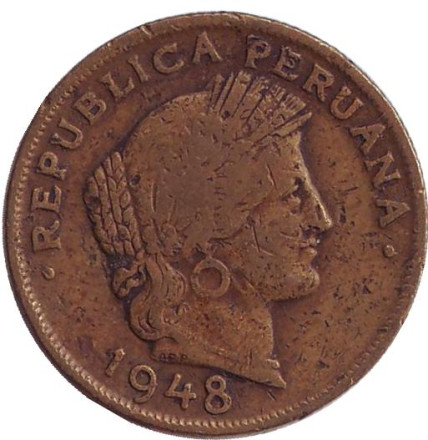 Монета 20 сентаво. 1948 год, Перу. Монета 20 сентаво. 1948 год, Перу.