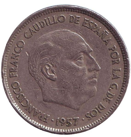 Монета 25 песет. 1957 год, Испания. (75 внутри звезды). Монета 25 песет. 1957 год, Испания. (75 внутри звезды).