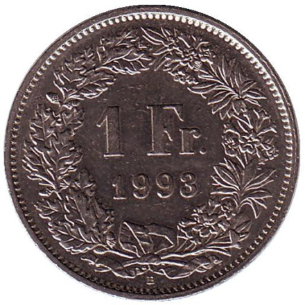 Монета 1 франк. 1993 (В) год, Швейцария. Гельвеция.