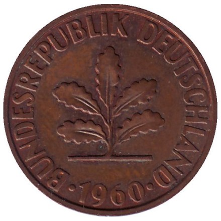 Монета 2 пфеннига. 1960 год (J), ФРГ. Дубовые листья.