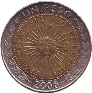 Монета 1 песо. 2006 год, Аргентина. Монета 1 песо. 2006 год, Аргентина.