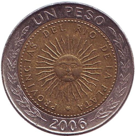 Монета 1 песо. 2006 год, Аргентина.