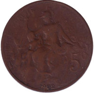 Монета 5 сантимов. 1902 год, Франция.