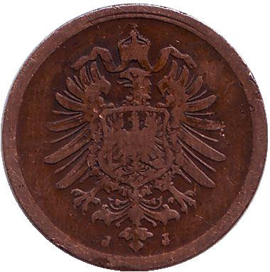 Монета 1 пфенниг. 1885 год (J), Германская империя. Монета 1 пфенниг. 1885 год (J), Германская империя.