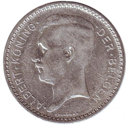Монета 20 франков. 1933 год, Бельгия. (Der Belgen) Король Альберт I.