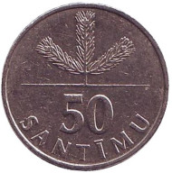 Монета 50 сантимов. 1992 год, Латвия. Из обращения. Саженец соснового дерева. Монета 50 сантимов. 1992 год, Латвия. Из обращения. Саженец соснового дерева.