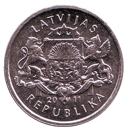 Монета 1 лат, 2011 год, Латвия. Пряничное сердце к Рождеству.