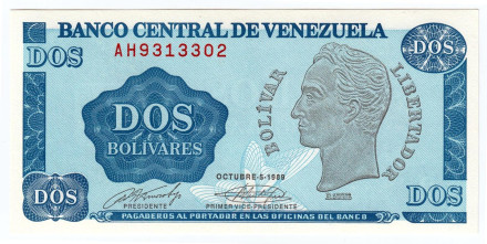 Банкнота 2 боливара. 1989 год, Венесуэла.