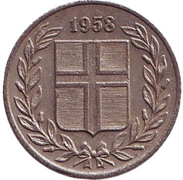 Монета 25 аураров. 1958 год, Исландия. Монета 25 аураров. 1958 год, Исландия.