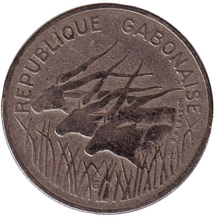 Монета 100 франков. 1972 год, Габон. Африканские антилопы. (Западные канны).
