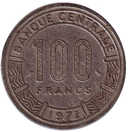Монета 100 франков. 1972 год, Габон. Африканские антилопы. (Западные канны). Монета 100 франков. 1972 год, Габон. Африканские антилопы. (Западные канны).