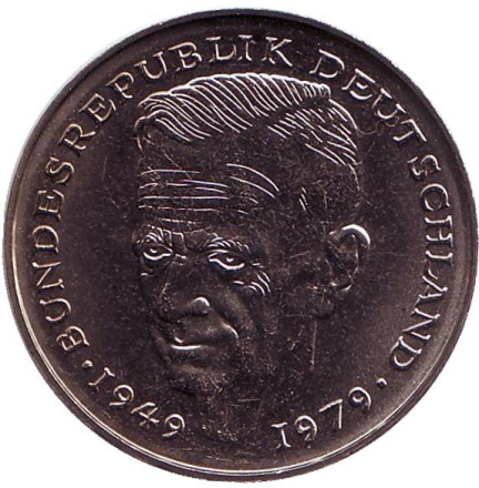 Монета 2 марки. 1980 год (D), ФРГ. UNC. Курт Шумахер.