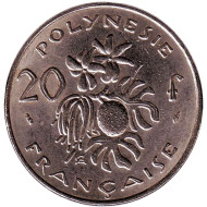 Монета 20 франков. 1979 год, Французская Полинезия. Плод хлебного дерева, стручки ванили.