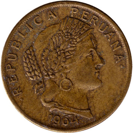 Монета 10 сентаво. 1964 год, Перу. Монета 10 сентаво. 1964 год, Перу.