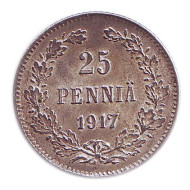 Монета 25 пенни. 1917 год, Финляндия в составе Российской Империи. (орел с короной) Монета 25 пенни. 1917 год, Финляндия в составе Российской Империи. (орел с короной)