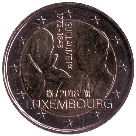 Монета 2 евро. 2018 год, Люксембург. 175-летие со дня смерти Виллема I.